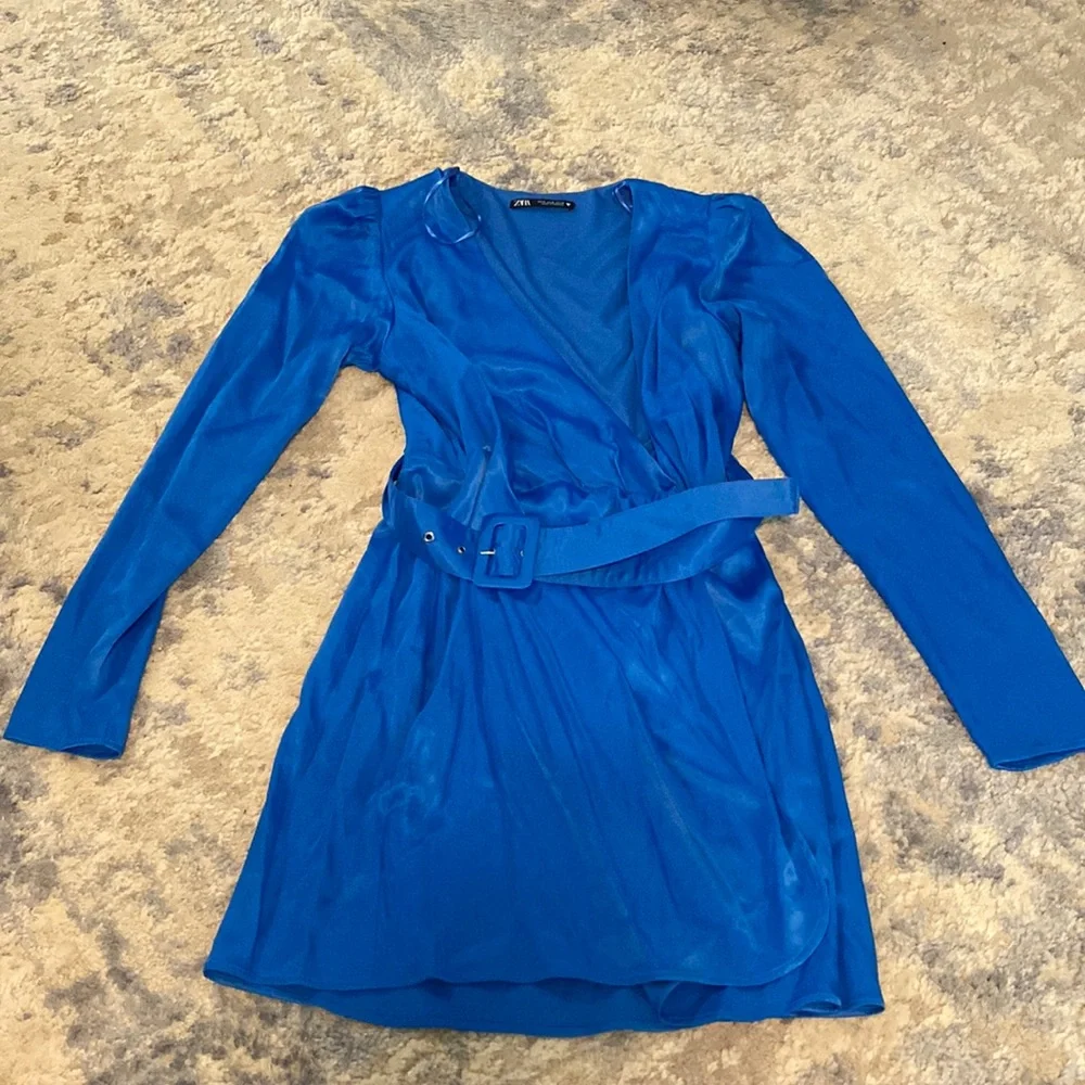 Blue Zara wrap front dress with belt. Size medium - Picture 1 of 5